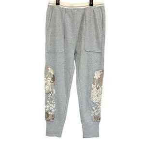 Burning Torch Embroidered Sweatpants in Grey Metallic NWT Size Medium
